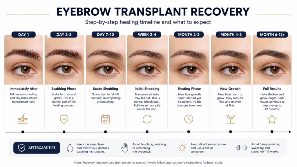 EYEBROW TRANSPLANT RECOVERY TIMELINE text banner in horizontal 16:9 format for eyebrow transplant healing stages and recovery process