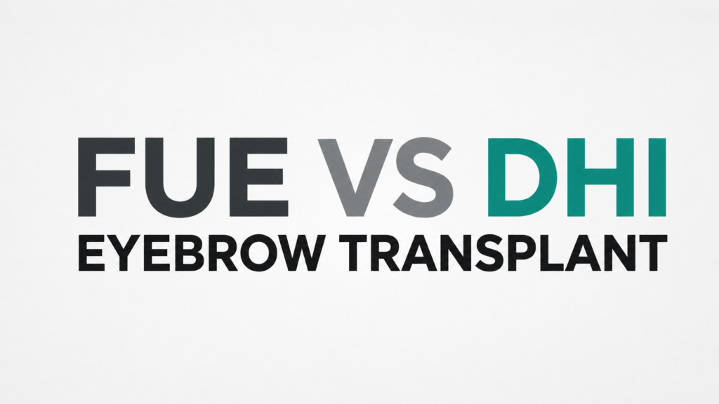 FUE VS DHI EYEBROW TRANSPLANT comparison title design with modern typography in grey, green, and black colors on a clean light background, highlighting eyebrow transplant techniques in a professional medical aesthetic style.