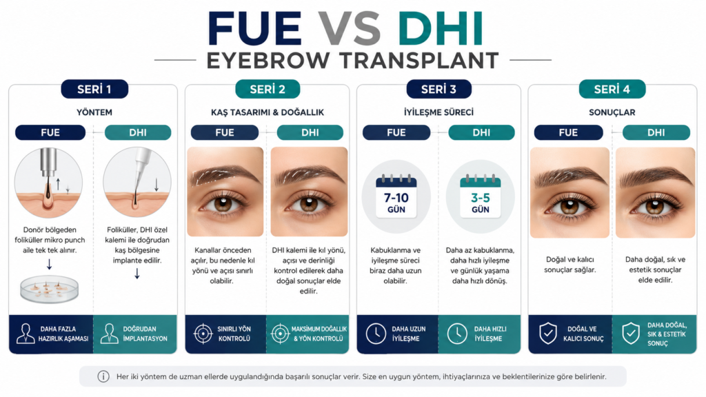 FUE VS DHI EYEBROW TRANSPLANT COMPARE title graphic in modern grey, green, and black typography on a clean minimalist background, representing advanced eyebrow transplant comparison techniques.