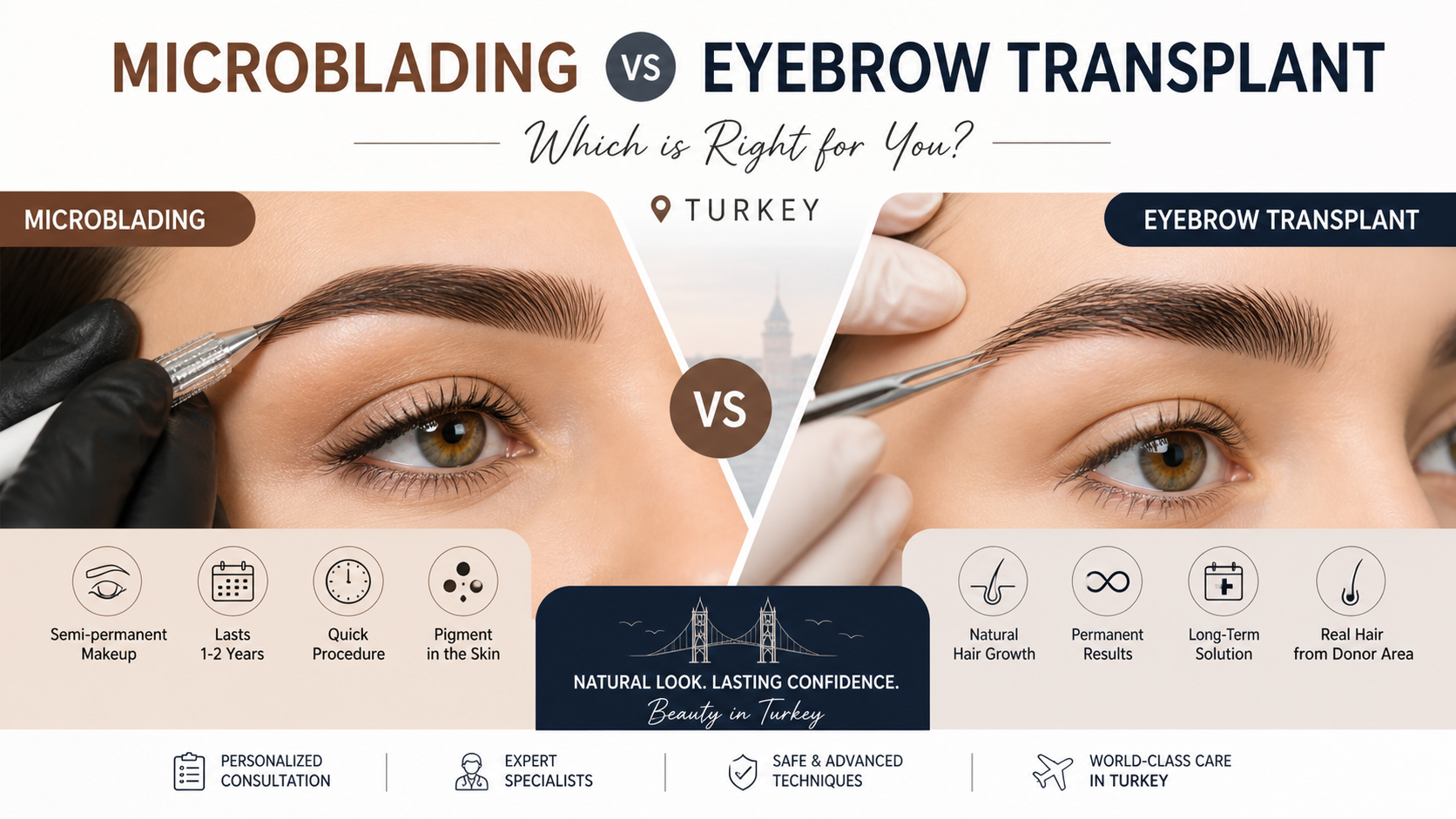 Microblading vs Eyebrow Transplant Turkey comparison natural brows semi permanent vs permanent eyebrow restoration results