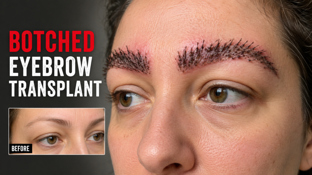 BOTCHED EYEBROW TRANSPLANT close-up showing uneven eyebrow transplant results with redness, scabbing, and unnatural hair direction after eyebrow restoration procedure.