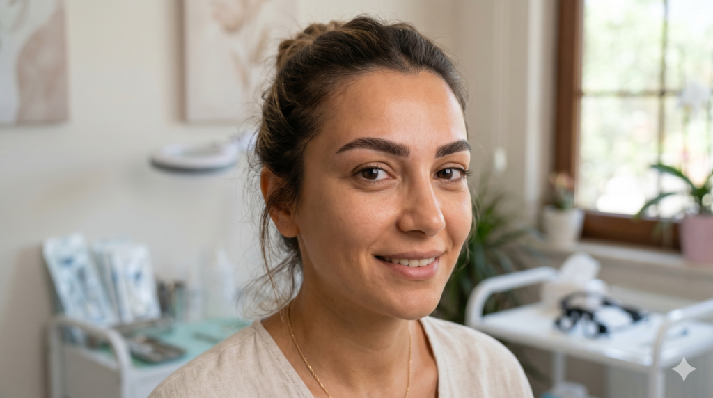EYEBROW TRANSPLANT AFTER MICROBLADING female patient with natural eyebrow restoration after faded microblading using eyebrow transplant techniques in Turkey EYEBROW TRANSPLANT AFTER MICROBLADING