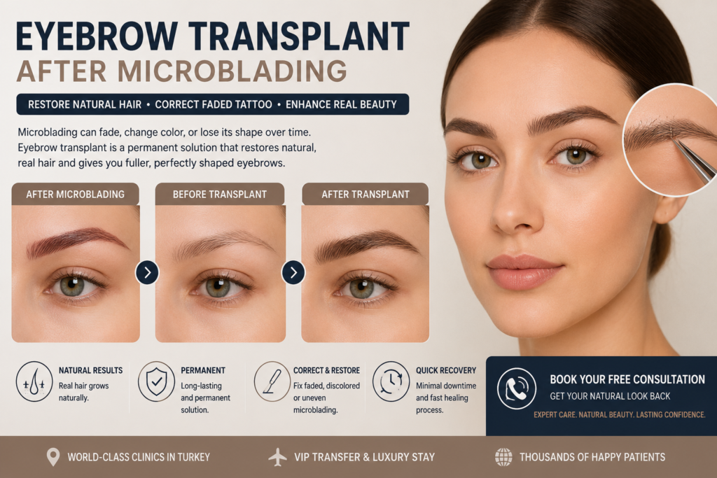 EYEBROW TRANSPLANT AFTER MICROBLADING STAGES showing before microblading, faded eyebrow tattoo, eyebrow transplant procedure, and final natural eyebrow restoration results EYEBROW TRANSPLANT AFTER MICROBLADING STAGES