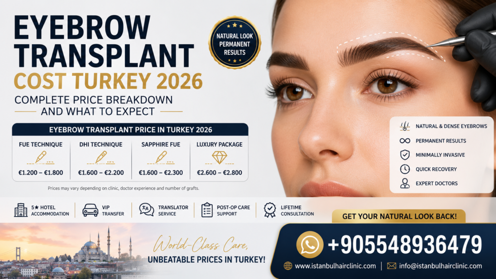 EYEBROW TRANSPLANT COST TURKEY 2026 showing a complete eyebrow transplant price breakdown, treatment techniques, natural results and medical travel services in Turkey.