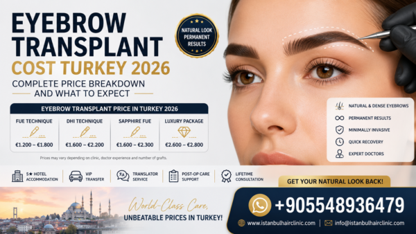 EYEBROW TRANSPLANT COST TURKEY 2026 showing a complete eyebrow transplant price breakdown, treatment techniques, natural results and medical travel services in Turkey.