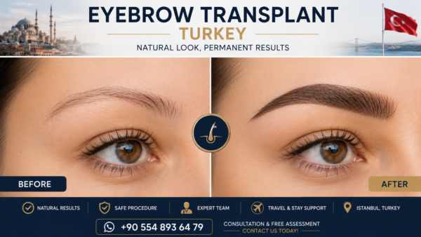 Eyebrow Transplant Before and After Turkey showing a natural eyebrow restoration transformation with realistic before and after results performed by experienced eyebrow transplant specialists in Turkey.