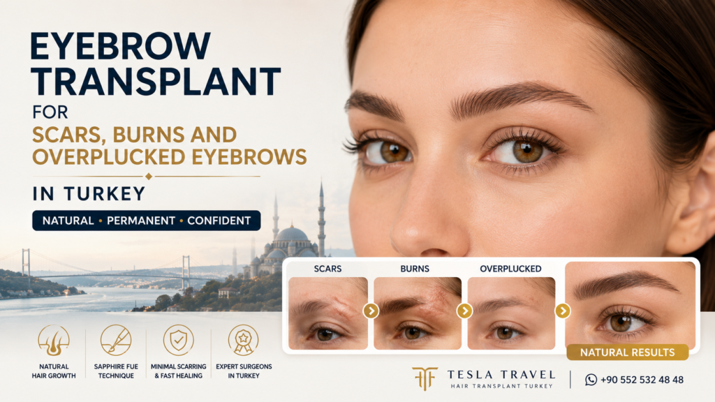 Eyebrow Transplant for Scars, Burns and Overplucked Eyebrows in Turkey showing natural eyebrow restoration with Sapphire FUE and DHI techniques for scar camouflage, burn reconstruction, and overplucked eyebrow correction by experienced surgeons in Turkey. Eyebrow Transplant for Scars, Burns and Overplucked Eyebrows in Turkey.