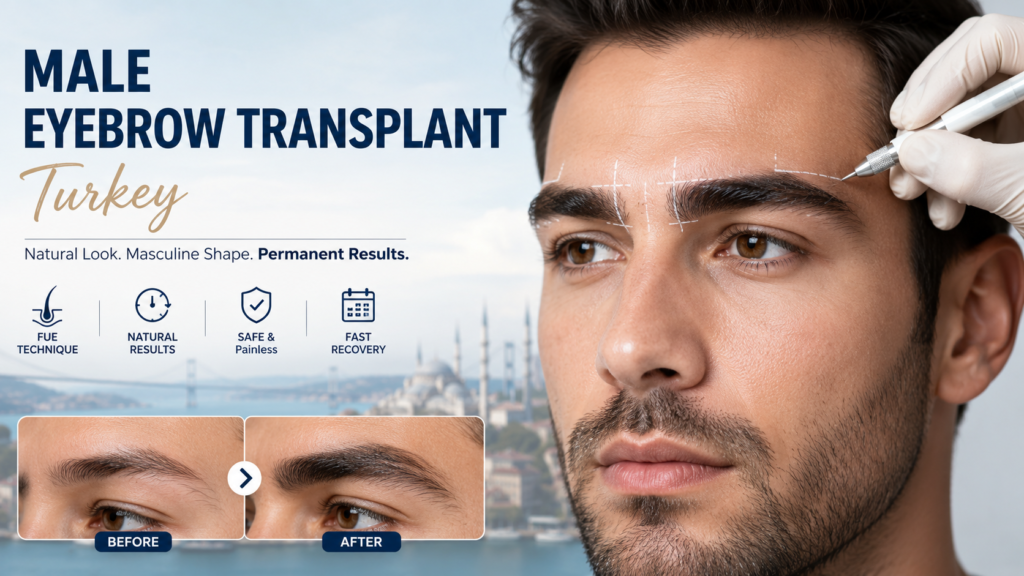 Male Eyebrow Transplant Turkey – Natural-looking male eyebrow restoration using FUE hair transplant technique. Before and after eyebrow transplant results with dense, symmetrical eyebrows performed by experienced surgeons in Turkey.